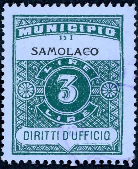 Marca da Bollo del Comune di SAMOLACO su Carta Colorata di dimensioni 22,5 x 29 mm