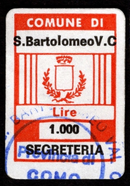 Marca da Bollo del Comune di SAN BARTOLOMEO VAL CAVARGNA su Carta Bianca di dimensioni 14 x 22 mm