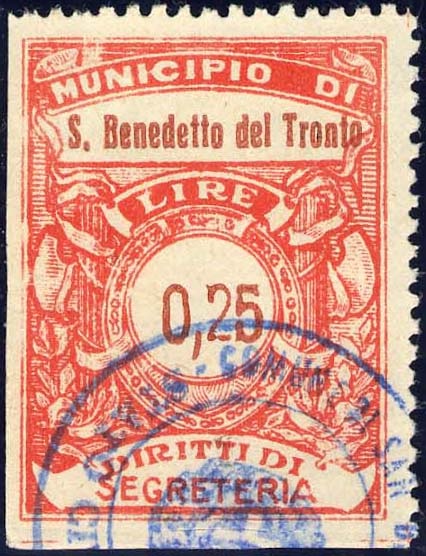 Marca da Bollo del Comune di SAN BENEDETTO DEL TRONTO su Carta Bianca Sottile di dimensioni 25,5 x 34 mm