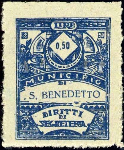 Marca da Bollo del Comune di SAN BENEDETTO DEL TRONTO su Carta Bianca di dimensioni 21,5 x 28 mm