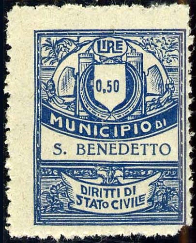 Marca da Bollo del Comune di SAN BENEDETTO DEL TRONTO su Carta Bianca Sottile di dimensioni 22 x 28 mm