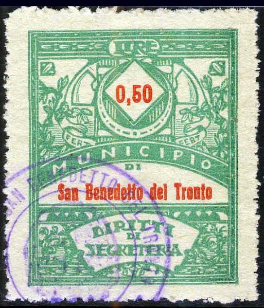 Marca da Bollo del Comune di SAN BENEDETTO DEL TRONTO su Carta Bianca Sottile di dimensioni 21,5 x 28,5 mm