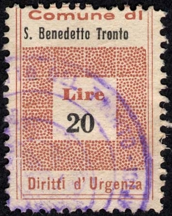 Marca da Bollo del Comune di SAN BENEDETTO DEL TRONTO su Carta Bianca di dimensioni 19,5 x 28,5 mm