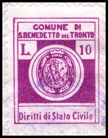 Marca da Bollo del Comune di SAN BENEDETTO DEL TRONTO su Carta Bianca di dimensioni 19 x 23,5 mm
