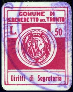 Marca da Bollo del Comune di SAN BENEDETTO DEL TRONTO su Carta Bianca di dimensioni 15 x 18 mm