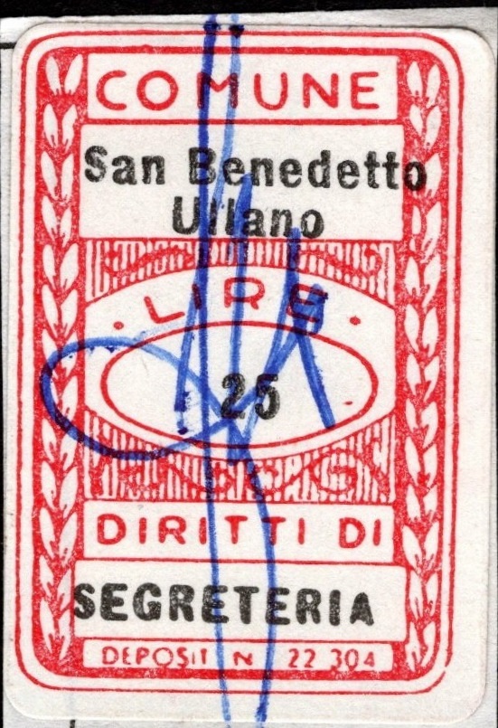 Marca da Bollo del Comune di SAN BENEDETTO ULLANO su Carta Bianca di dimensioni 18 x 29 mm