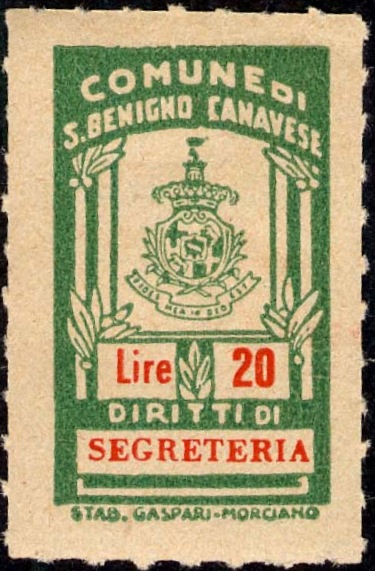 Marca da Bollo del Comune di SAN BENIGNO CANAVESE su Carta Bianca Sottile di dimensioni 17 x 29,5 mm