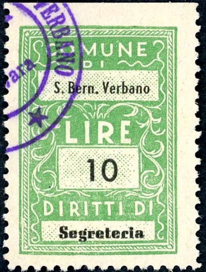 Marca da Bollo del Comune di SAN BERNARDINO VERBANO su Carta Bianca di dimensioni 22 x 32 mm