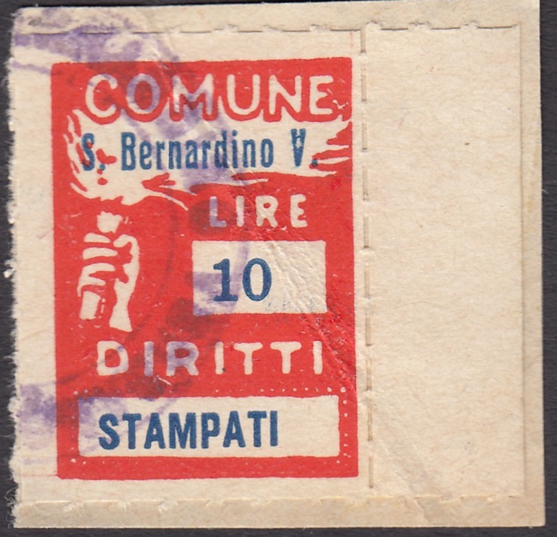 Marca da Bollo del Comune di SAN BERNARDINO VERBANO su Carta Bianca di dimensioni 18 x 25 mm