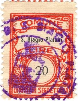 Marca da Bollo del Comune di SAN BIAGIO PLATANI su Carta Bianca di dimensioni 22 x 28 mm