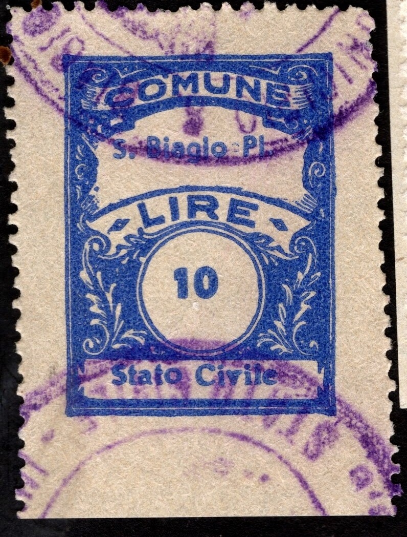 Marca da Bollo del Comune di SAN BIAGIO PLATANI su Carta Bianca di dimensioni 22 x 28 mm