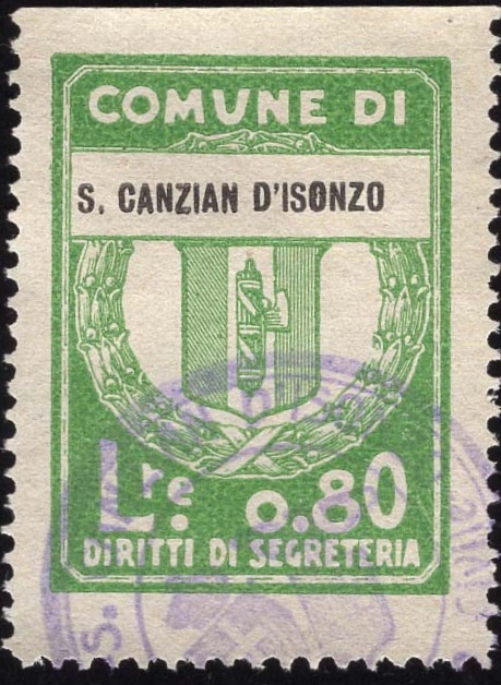 Marca da Bollo del Comune di SAN CANZIAN D´ISONZO su Carta Bianca Sottile di dimensioni 21 X 30 mm