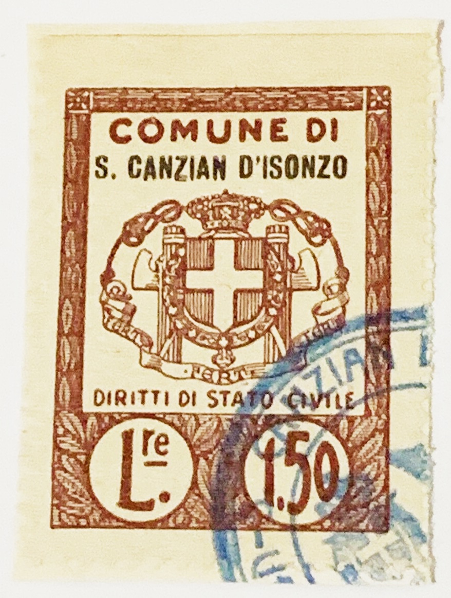 Marca da Bollo del Comune di SAN CANZIAN D´ISONZO su Carta Bianca Sottile di dimensioni 21 X 30 mm