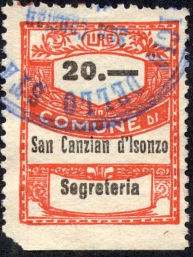 Marca da Bollo del Comune di SAN CANZIAN D´ISONZO su Carta Bianca Sottile di dimensioni 22 x 28 mm