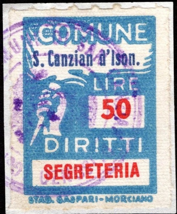 Marca da Bollo del Comune di SAN CANZIAN D´ISONZO su Carta Bianca di dimensioni 18 x 24 mm