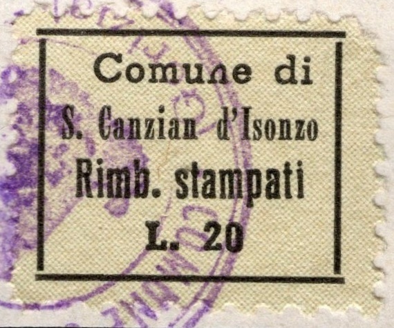 Marca da Bollo del Comune di SAN CANZIAN D´ISONZO su Carta Colorata di dimensioni 23 c 20 mm