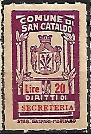 Marca da Bollo del Comune di SAN CATALDO su Carta Bianca Sottile di dimensioni 17,5 x 30,5 mm