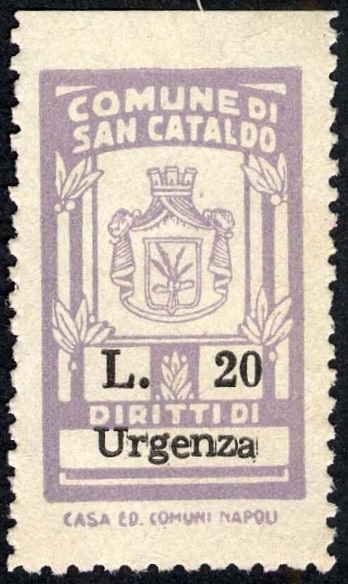 Marca da Bollo del Comune di SAN CATALDO su Carta Bianca Sottile di dimensioni 17,5 x 28,5 mm