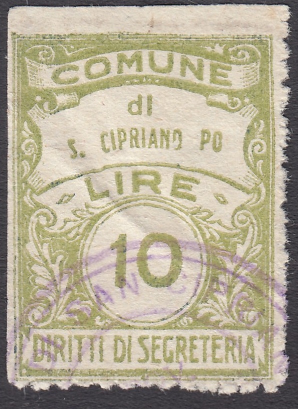 Marca da Bollo del Comune di SAN CIPRIANO PO su Carta Bianca Sottile di dimensioni 22 x 29 mm