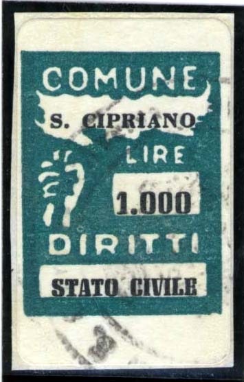 Marca da Bollo del Comune di SAN CIPRIANO PO su Carta Bianca di dimensioni 13 x 17,5 mm