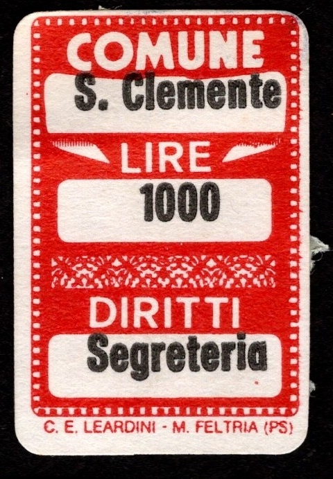 Marca da Bollo del Comune di SAN CLEMENTE su Carta Bianca di dimensioni 14 x 22 mm
