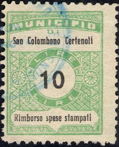 Marca da Bollo del Comune di SAN COLOMBANO CERTENOLI su Carta Bianca Sottile di dimensioni 22,5 x 29 mm
