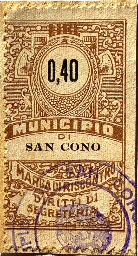 Marca da Bollo del Comune di SAN CONO su Carta Bianca di dimensioni 18,5 x 44 mm