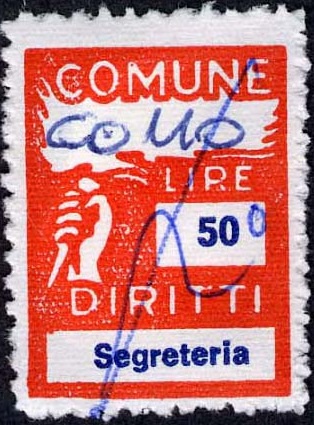 Marca da Bollo del Comune di SAN CONO su Carta Bianca di dimensioni 18,5 x 26 mm