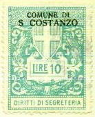Marca da Bollo del Comune di SAN COSTANZO su Carta Bianca Sottile di dimensioni 27,5 x 37 mm