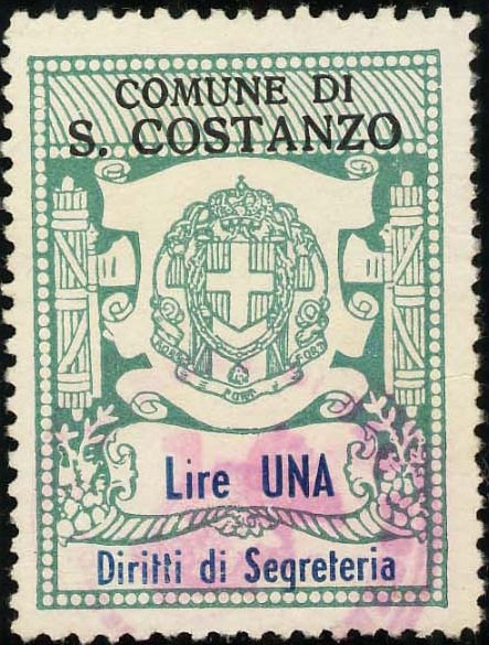 Marca da Bollo del Comune di SAN COSTANZO su Carta Bianca di dimensioni 20,5 x 27 mm
