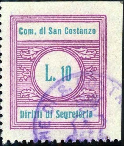 Marca da Bollo del Comune di SAN COSTANZO su Carta Bianca Sottile di dimensioni 22 x 26 mm