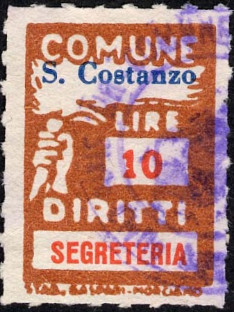 Marca da Bollo del Comune di SAN COSTANZO su Carta Bianca di dimensioni 18,5 x 26 mm