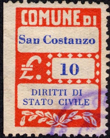 Marca da Bollo del Comune di SAN COSTANZO su Carta Bianca di dimensioni 20 x 28 mm