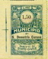Marca da Bollo del Comune di SAN DEMETRIO CORONE su Carta Bianca Sittile di dimensioni 28 x 43,5 mm