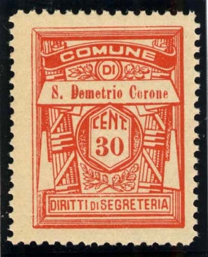 Marca da Bollo del Comune di SAN DEMETRIO CORONE su Carta Bianca Sittile di dimensioni 21,5 x 28,5 mm
