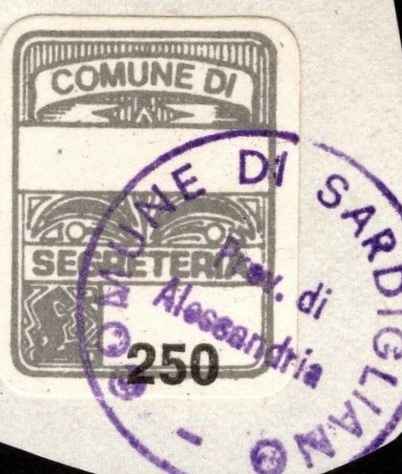 Marca da Bollo del Comune di SANDIGLIANO su Carta Bianca di dimensioni 14 x 22 mm