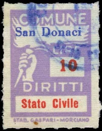 Marca da Bollo del Comune di SAN DONACI su Carta Bianca di dimensioni 18,5 x 26 mm