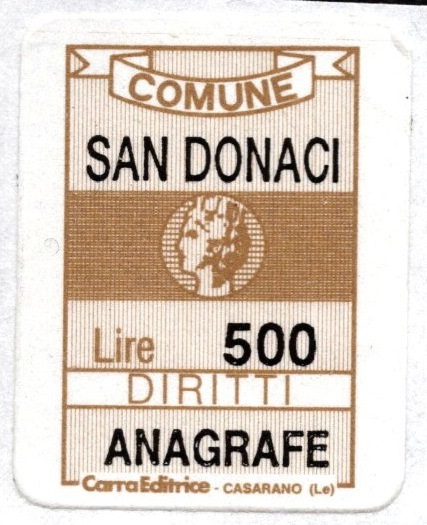 Marca da Bollo del Comune di SAN DONACI su Carta Colorata di dimensioni 16 x 22 mm