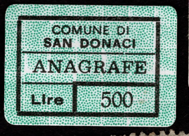 Marca da Bollo del Comune di SAN DONACI su Carta Colorata di dimensioni 20 x 14 mm