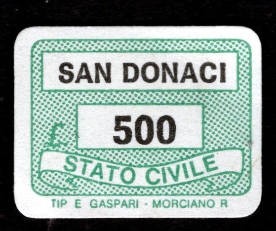 Marca da Bollo del Comune di SAN DONACI su Carta Colorata di dimensioni 20 x 14 mm