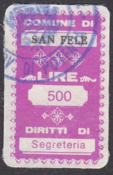 Marca da Bollo del Comune di SAN FELE su Carta Bianca di dimensioni 19,5 x 32 mm