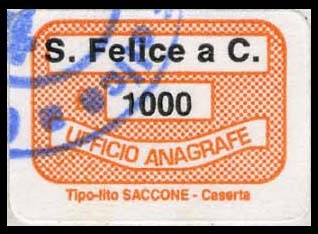 Marca da Bollo del Comune di SAN FELICE A CANCELLO su Carta Bianca di dimensioni 19 x 14 mm
