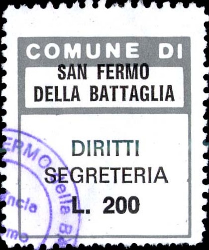 Marca da Bollo del Comune di SAN FERMO DELLA BATTAGLIA su Carta Bianca di dimensioni 23,5 x 27,5 mm