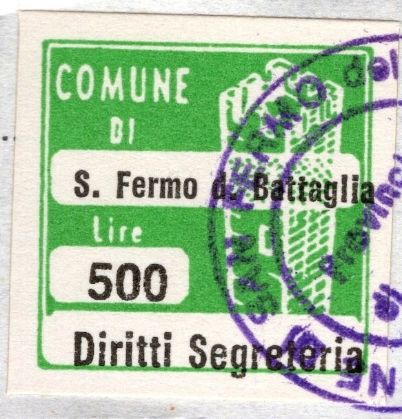 Marca da Bollo del Comune di SAN FERMO DELLA BATTAGLIA su Carta Bianca di dimensioni 20 x 20 mm