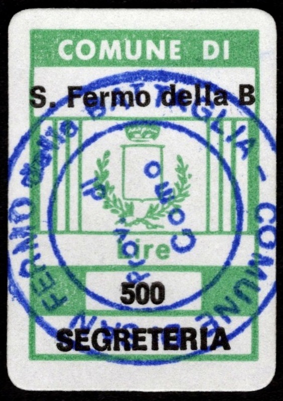 Marca da Bollo del Comune di SAN FERMO DELLA BATTAGLIA su Carta Bianca di dimensioni 16 x 28 mm