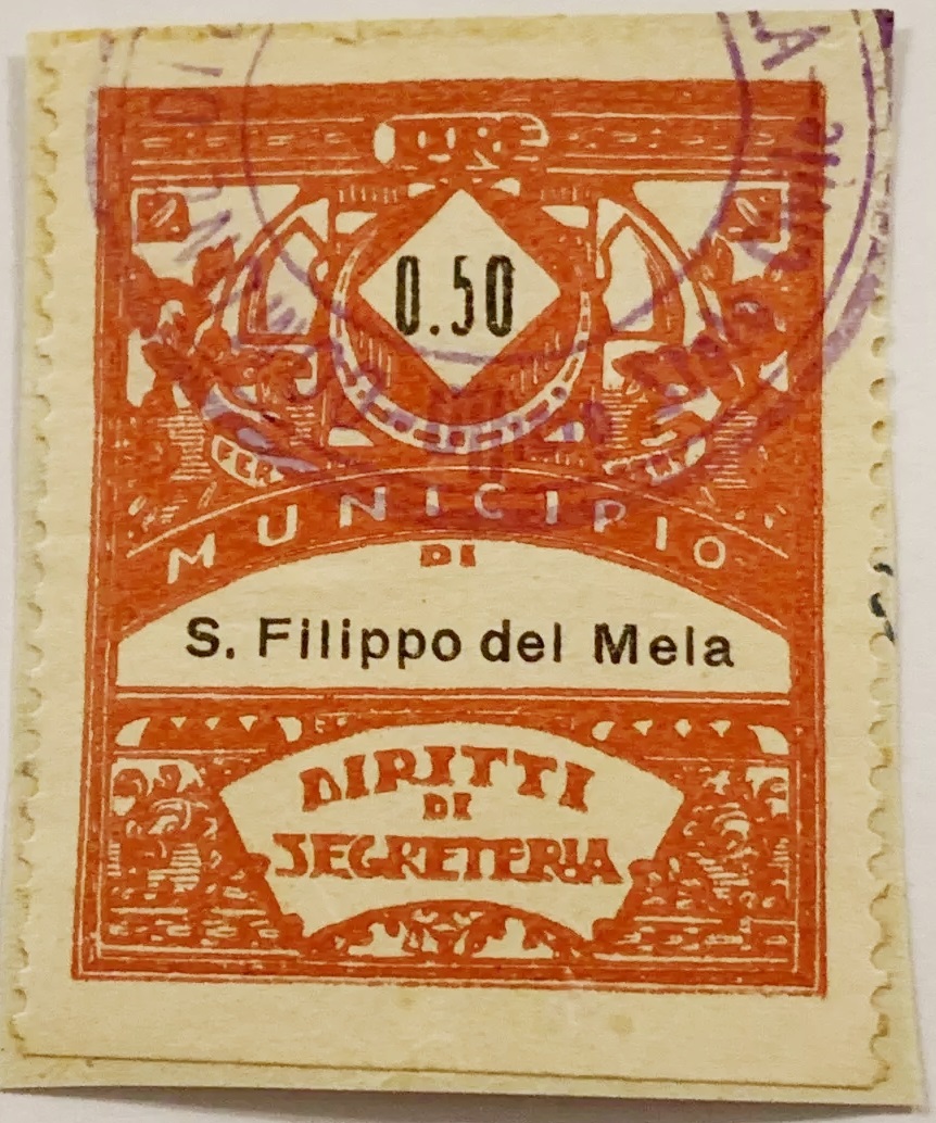 Marca da Bollo del Comune di SAN FILIPPO DEL MELA su Carta Bianca di dimensioni 23 x 29 mm