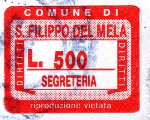 Marca da Bollo del Comune di SAN FILIPPO DEL MELA su Carta Bianca di dimensioni 19 x 15 mm