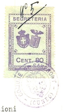 Marca da Bollo del Comune di SANFRONT su Carta Bianca di dimensioni 21 X 32 mm