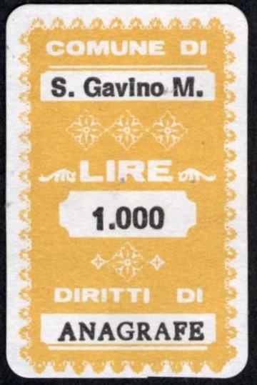 Marca da Bollo del Comune di SAN GAVINO MONREALE su Carta Bianca di dimensioni 20 x 32 mm