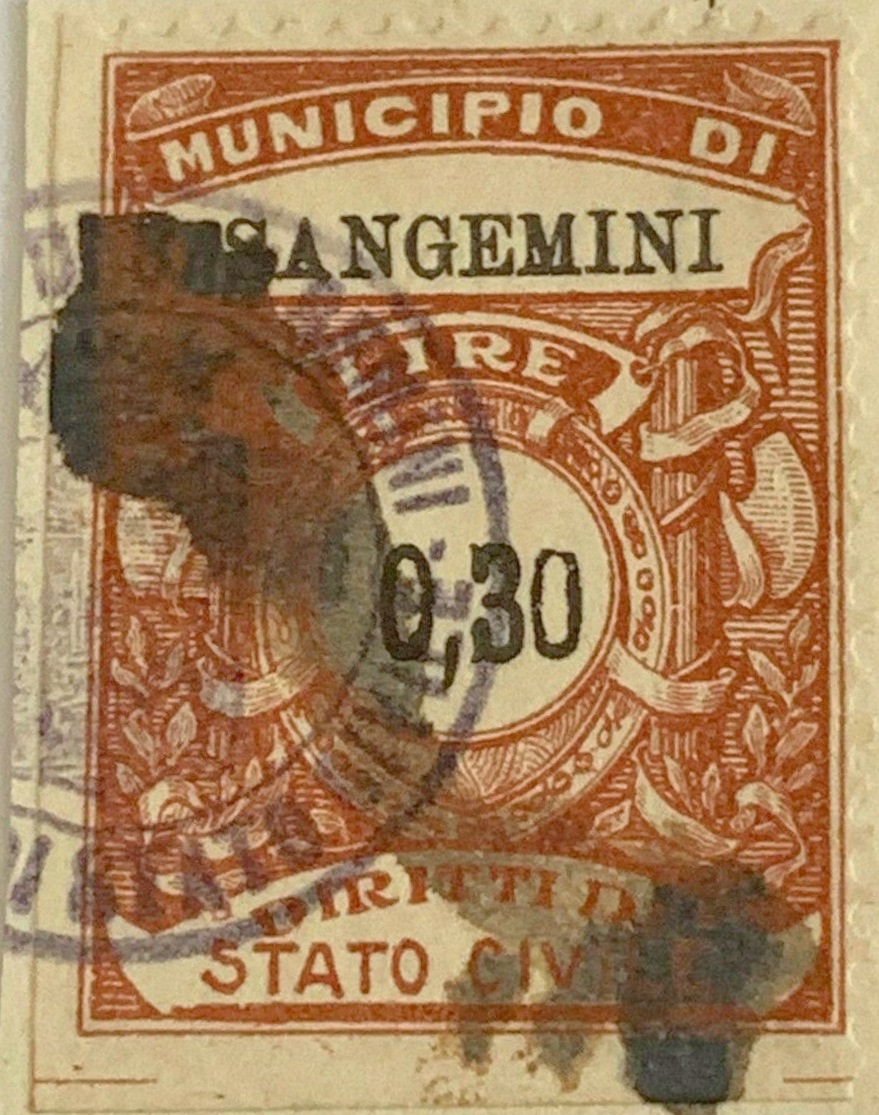 Marca da Bollo del Comune di SAN GEMINI su Carta Bianca Sottile di dimensioni 25,5 x 34 mm
